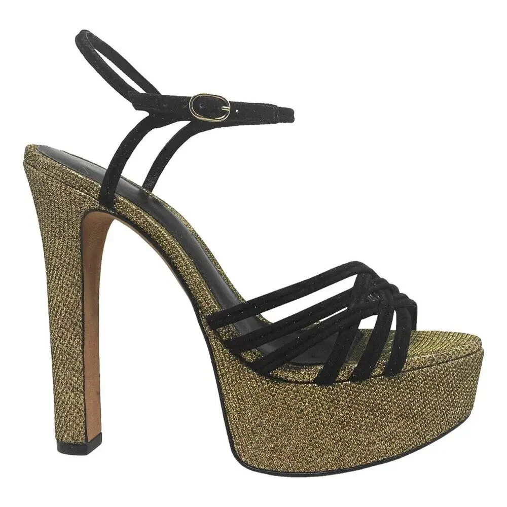 Alexandre Birman Platform Sandals‎ Black Suede Gold Metallic Size 37/ US 7